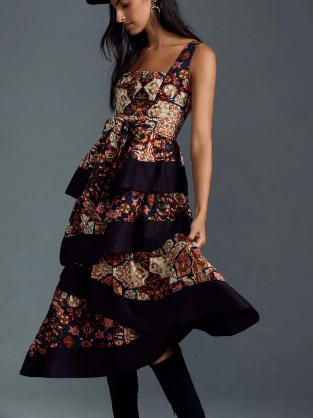 By Anthropologie Square-Neck Tiered Midi Dress